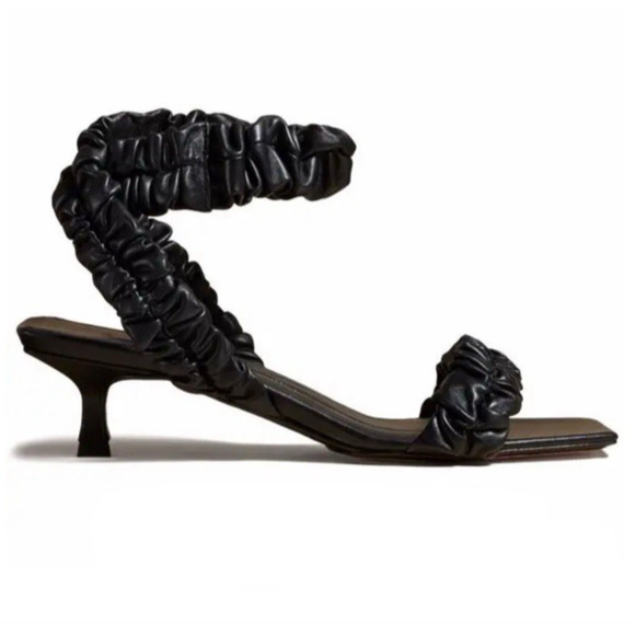 KHAITE Lexington Ruched Leather Ankle Wrap Kitten Heel Sandals Black 40EU 9.5US - Picture 1 of 14